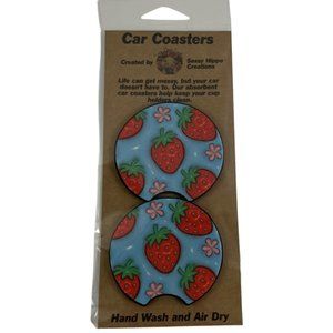 Car Coasters Strawberries Pink Flowers Fruit Set of 2 Neoprene Absorbent